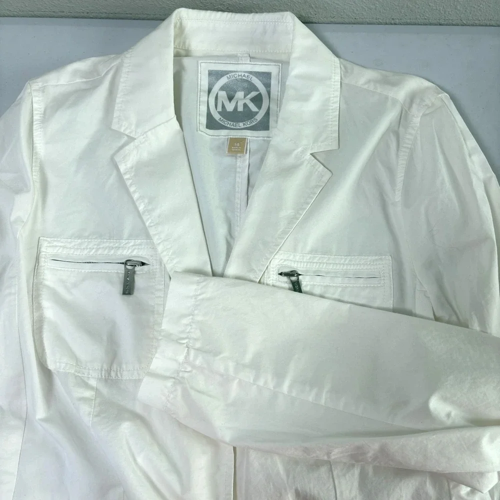 Michael Kors Utility Jacket Size 14 White Two-Button Zip Pockets Lightweight
